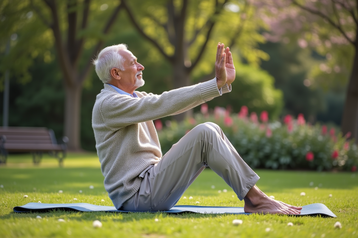 Homme âgé pratiquant le yoga dans un parc en pleine nature