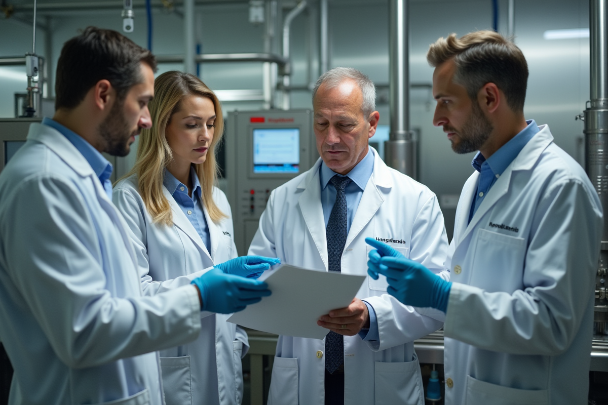 Groupe d inspecteurs pharmaceutiques examinant des machines de production