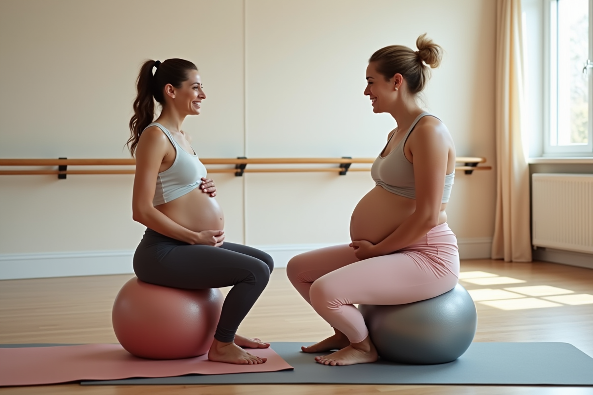 Instructrice prénatale montrant exercices sur ballon grossesse en studio