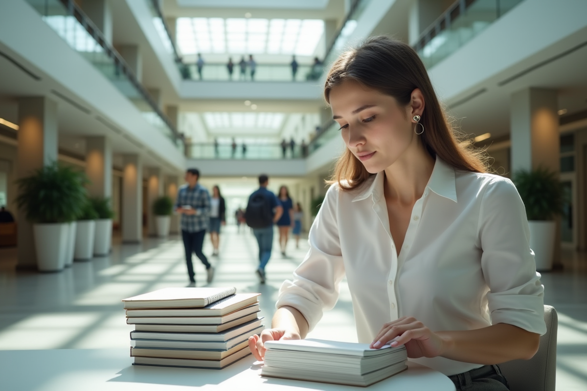 Jeune femme étudiant des revues de mathématiques dans un atrium lumineux