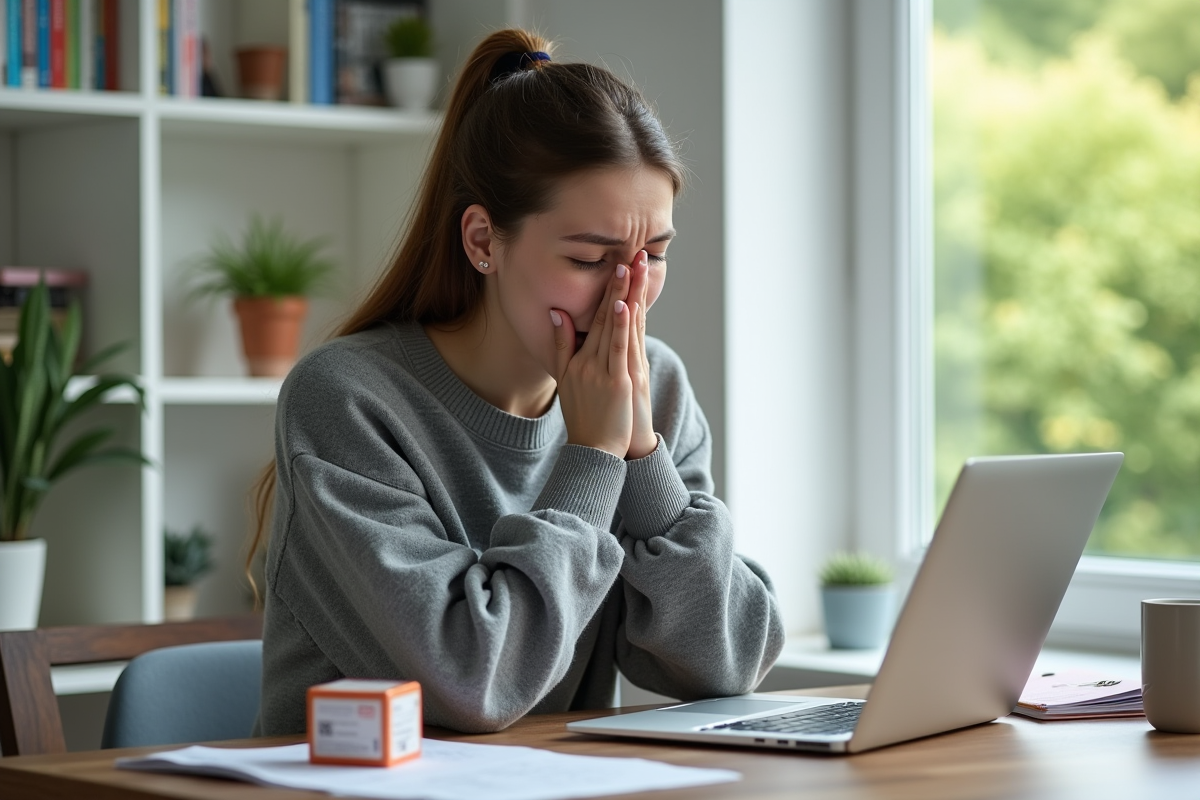 Jeune femme toussant au bureau à domicile