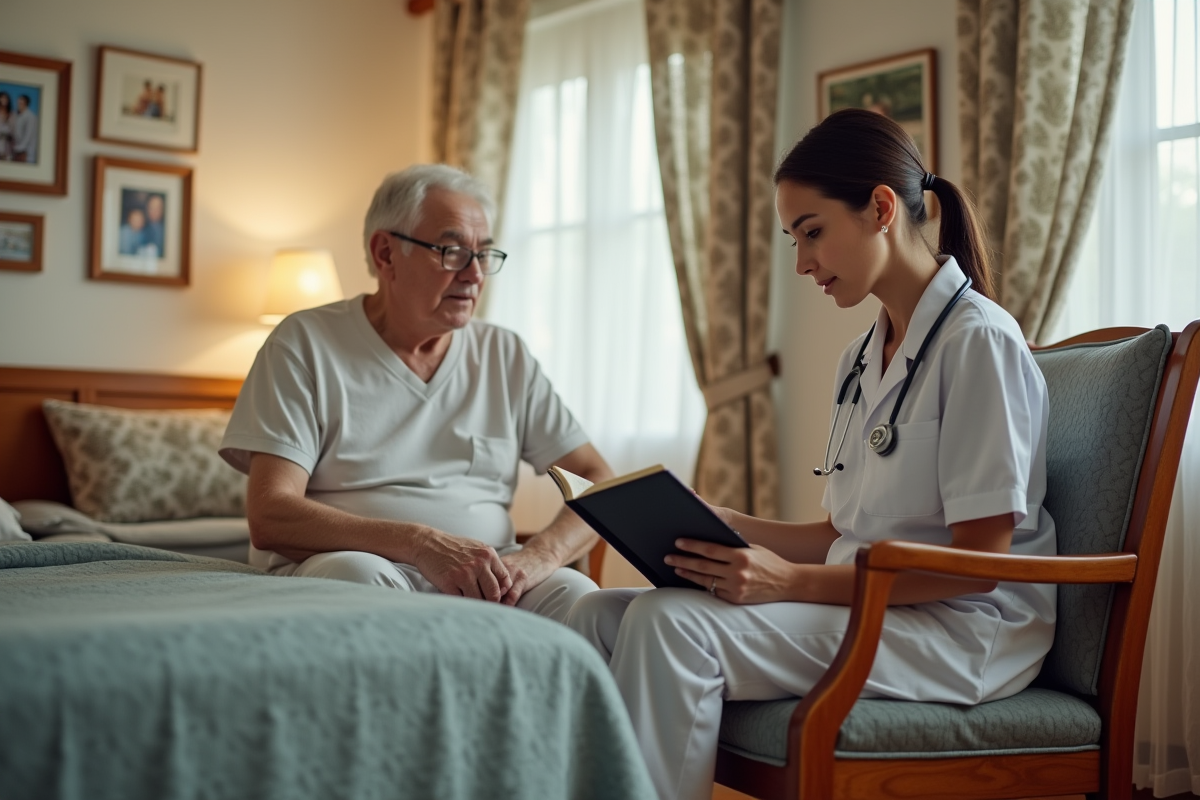 Jeune femme lisant à un homme âgé dans une chambre chaleureuse