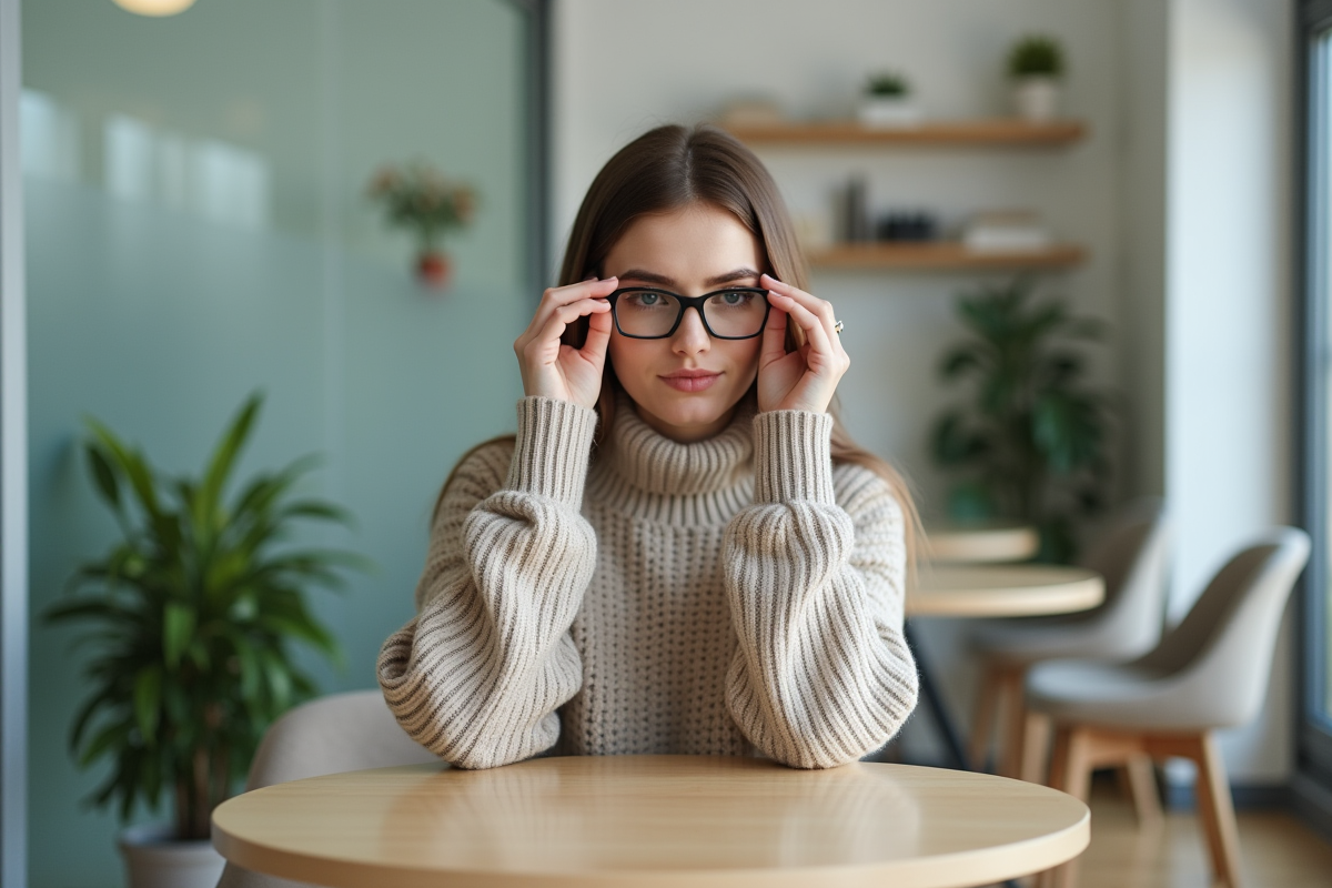 Jeune femme inspectant ses lunettes dans un espace moderne