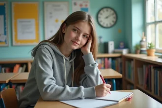 Jeune fille en hoodie écrivant en classe lumineuse