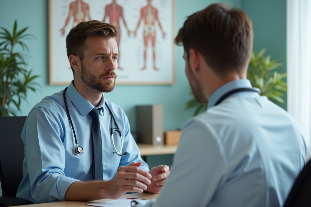 Jeune homme montrant une irritation de la peau au médecin en consultation