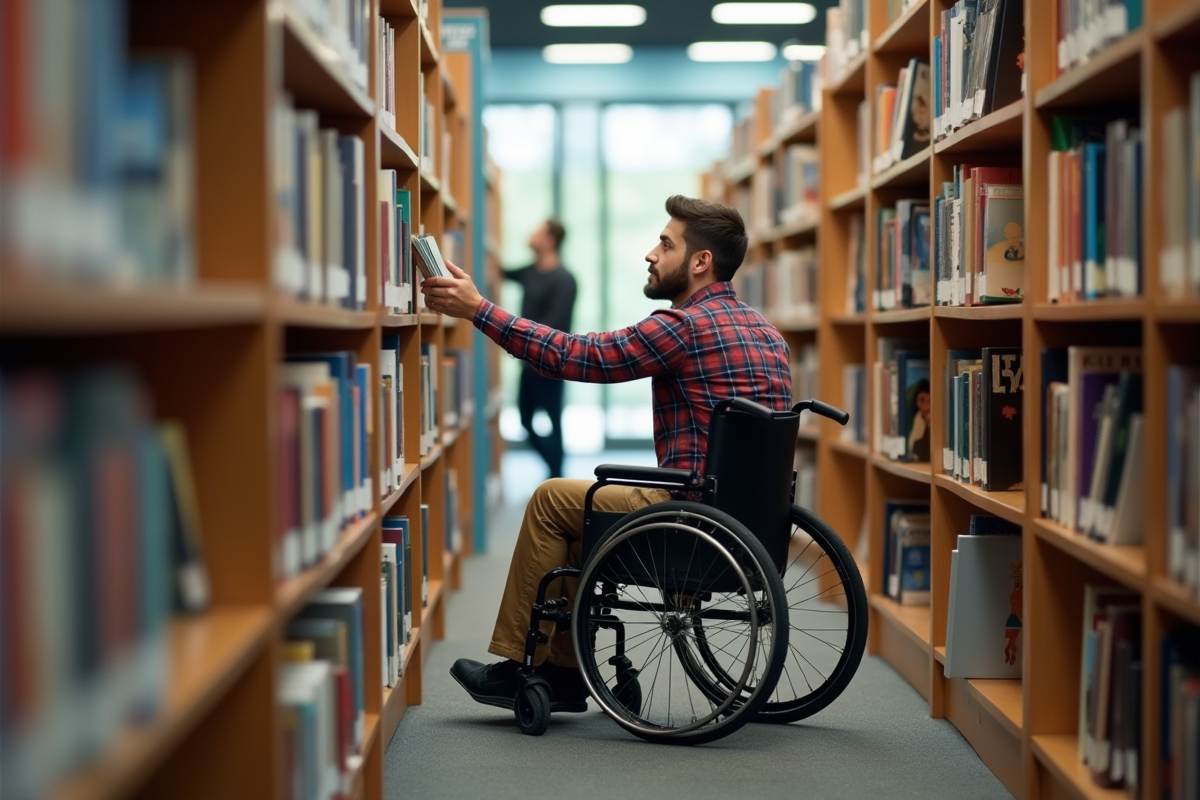 Jeune homme en fauteuil cherchant un livre dans une bibliothèque