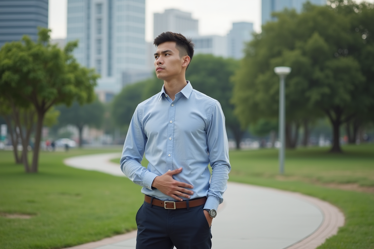 Jeune homme dans un parc urbain avec une attitude réfléchie