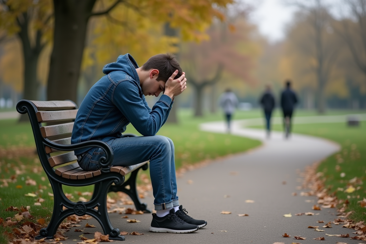 Jeune homme triste assis sur un banc dans un parc