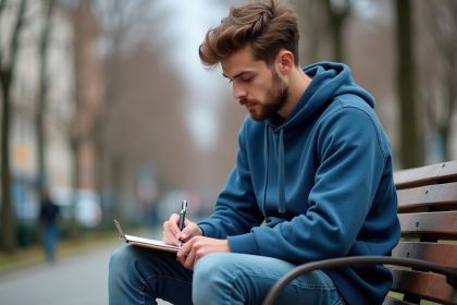 Jeune homme pensif en hoodie bleu sur un banc de parc
