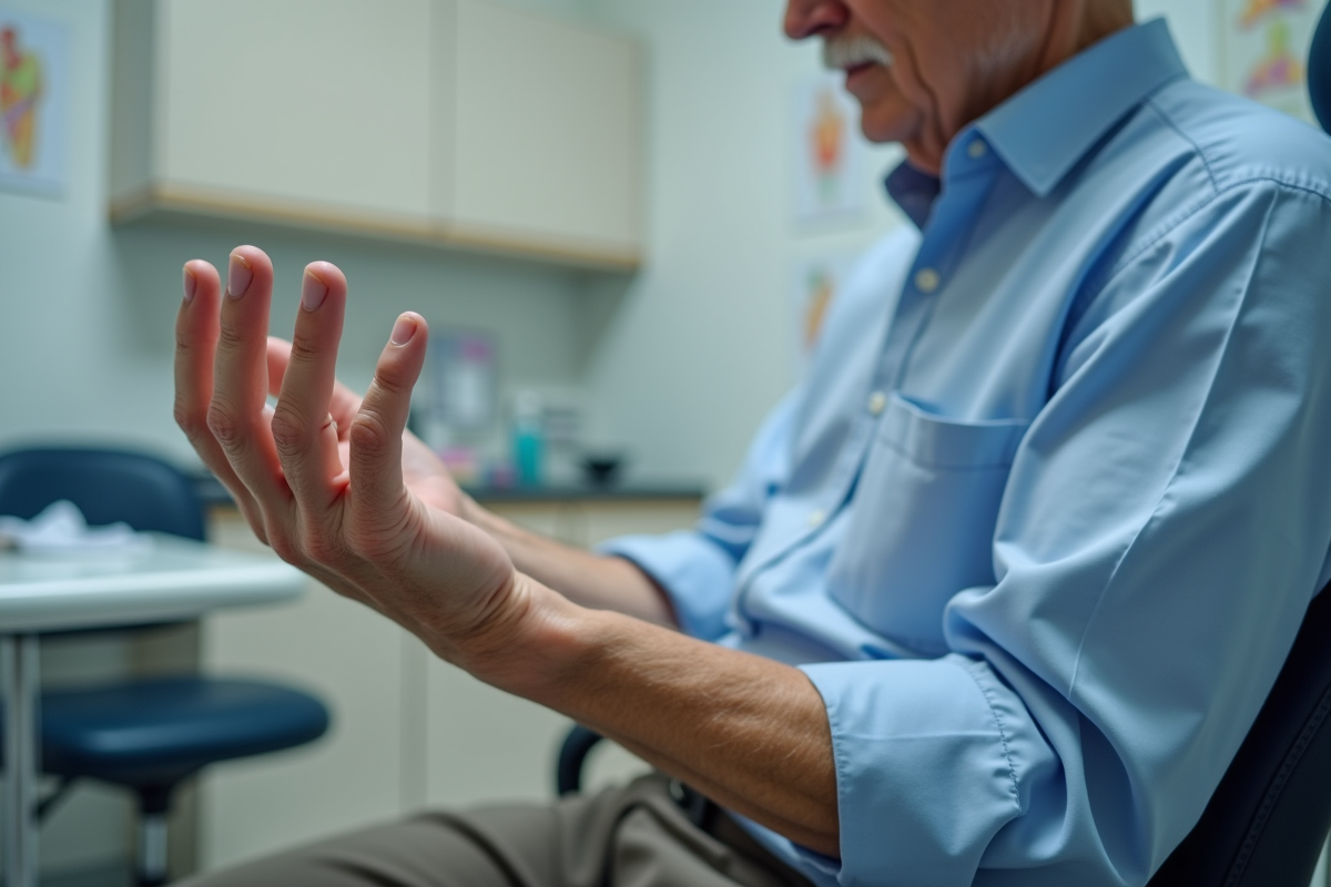 Main d’un homme avec déformation en cygne des doigts