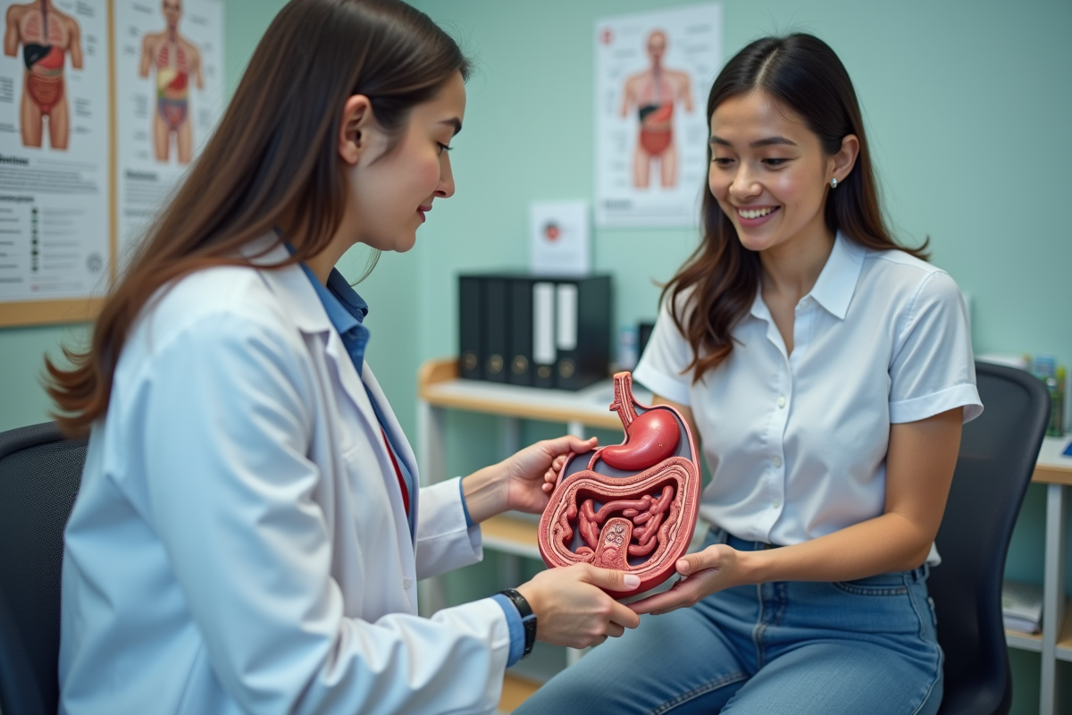 Docteur montrant un modèle de pancreas à une jeune femme