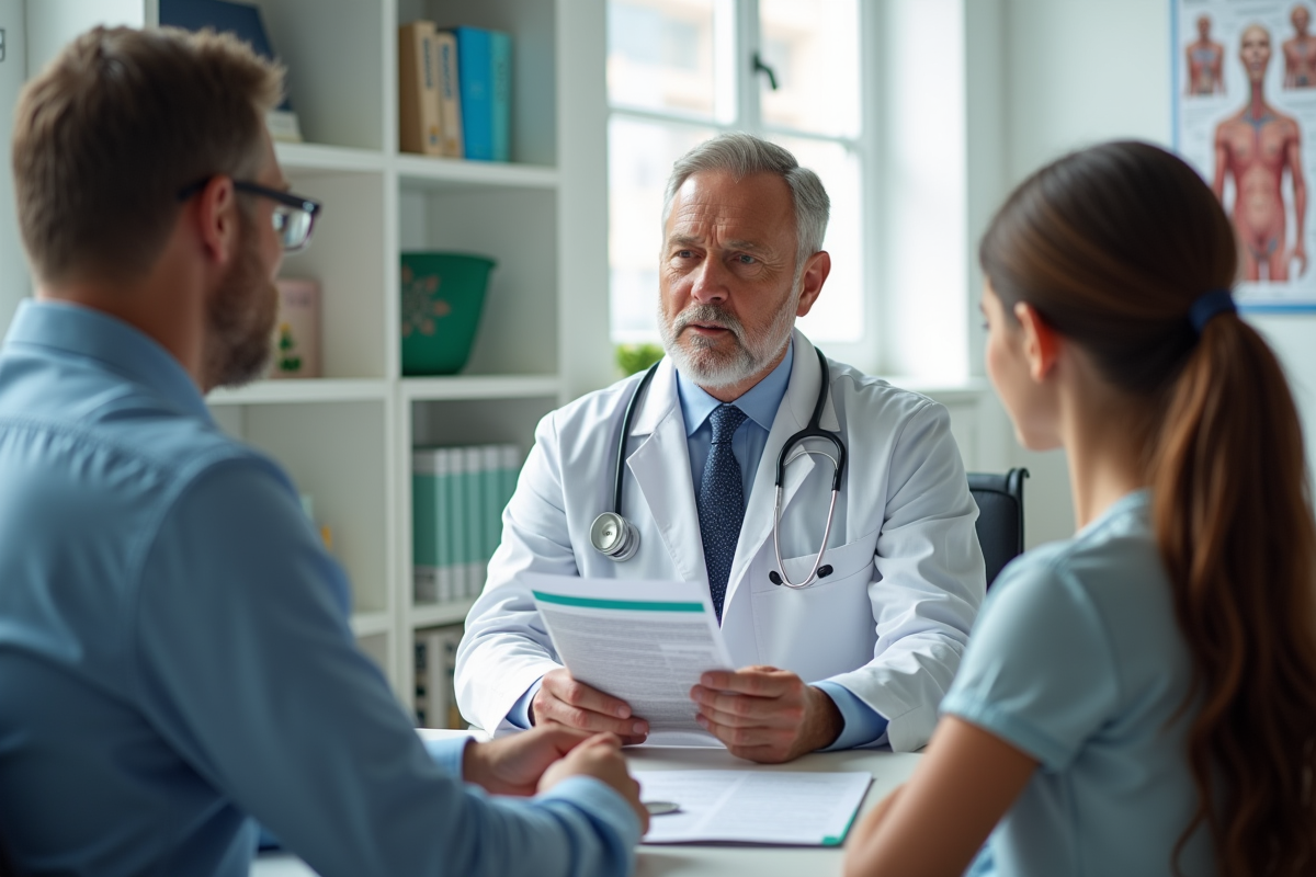 Médecin expliquant une brochure sur la méningite