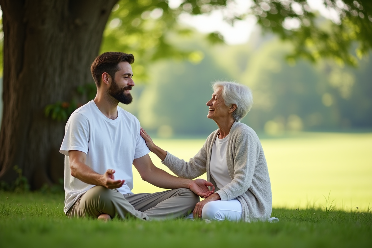 Jeune homme méditant sous un arbre avec une femme âgée