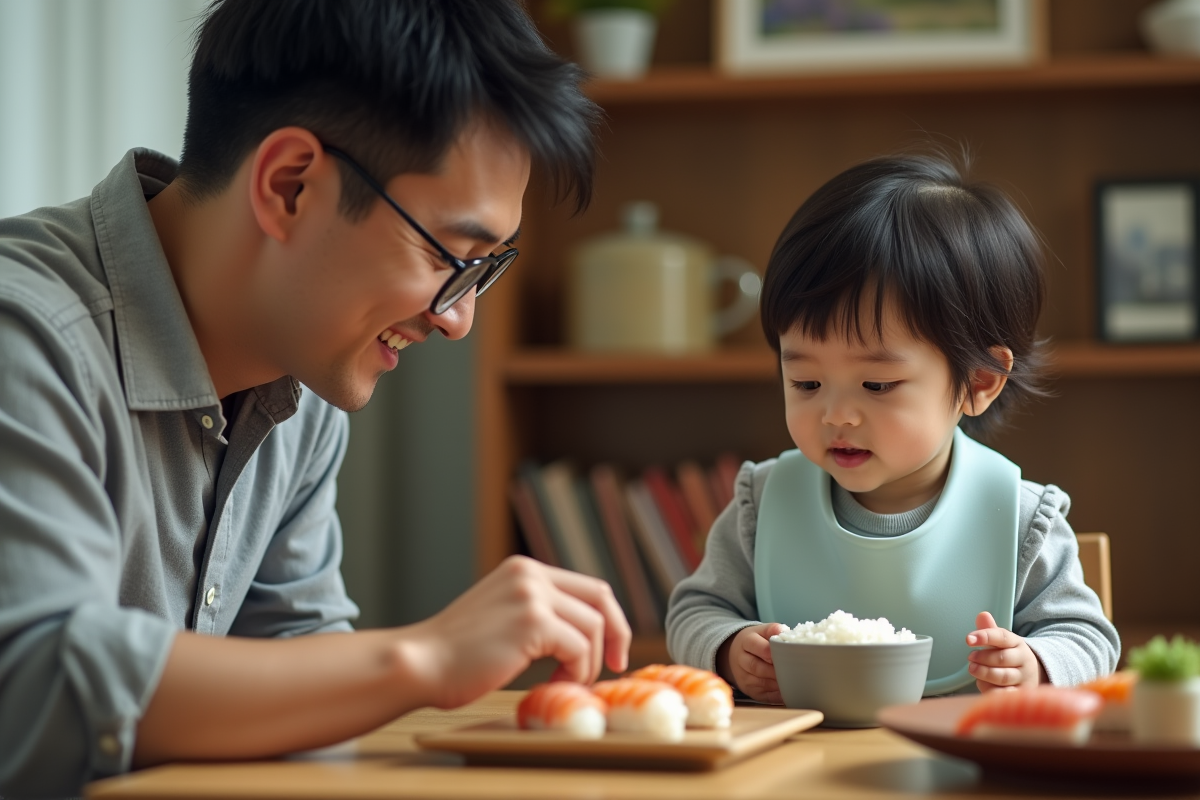 Papa souriant donnant du riz à son bébé curieux à table
