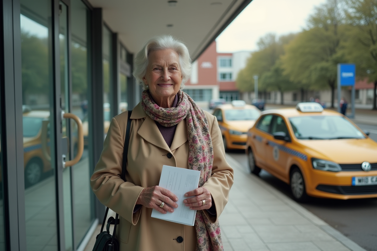 Femme âgée sortant d’un taxi devant un hôpital avec documents médicaux