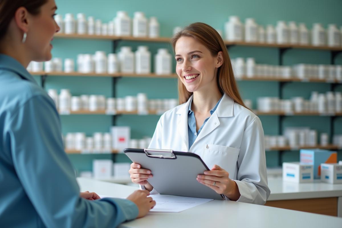 Jeune pharmacienne souriante derrière le comptoir en pharmacie