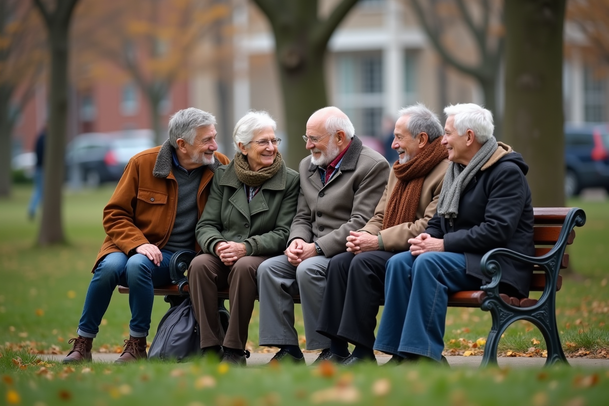 Groupe de seniors discutant sur un banc dans un parc