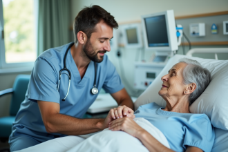 Homme soignant aidant une femme âgée au lit d'hôpital