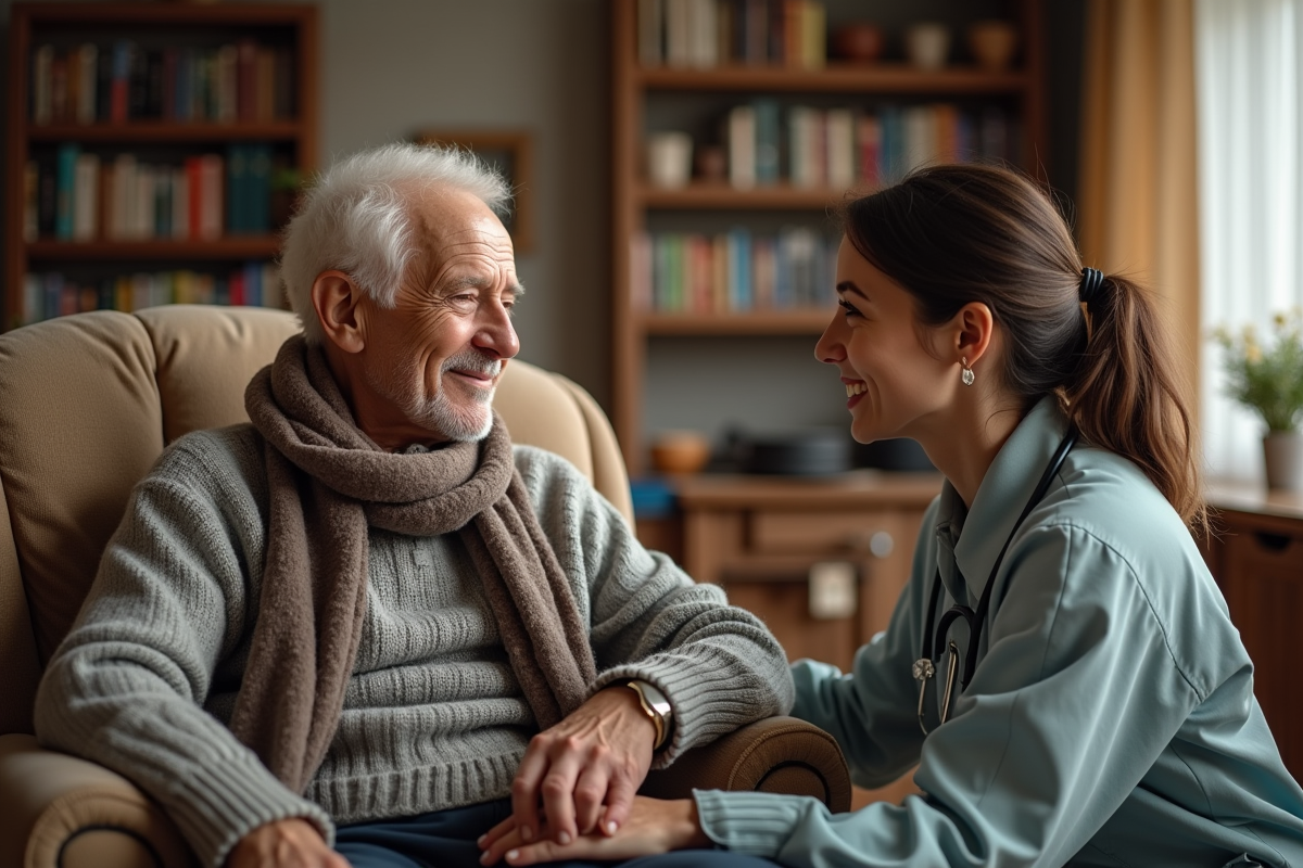 Aide à domicile avec un senior et une soignante chaleureuse