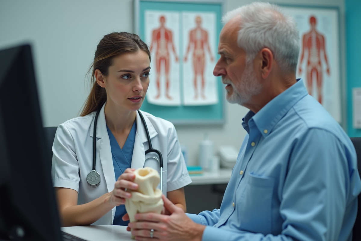 Orthopediste discute avec un patient et un modele de genou